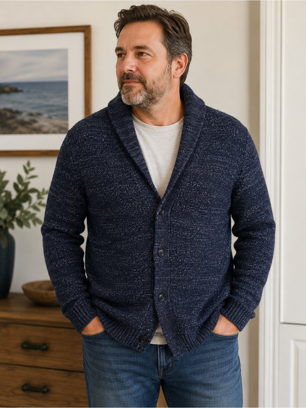 Nordstrom Men's Navy Heathered Wool Blend Shawl Collar Button Cardigan Size XL